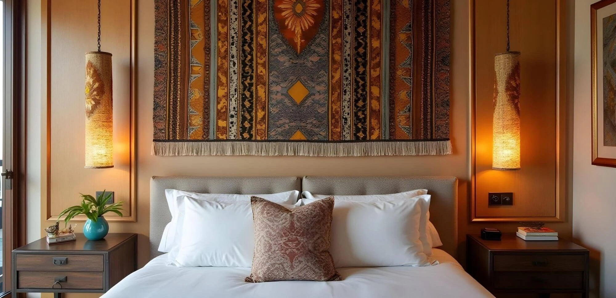 A neatly made bed with white linens and decorative pillows is centered between two nightstands and hanging lights, beneath a large patterned textile wall hanging.