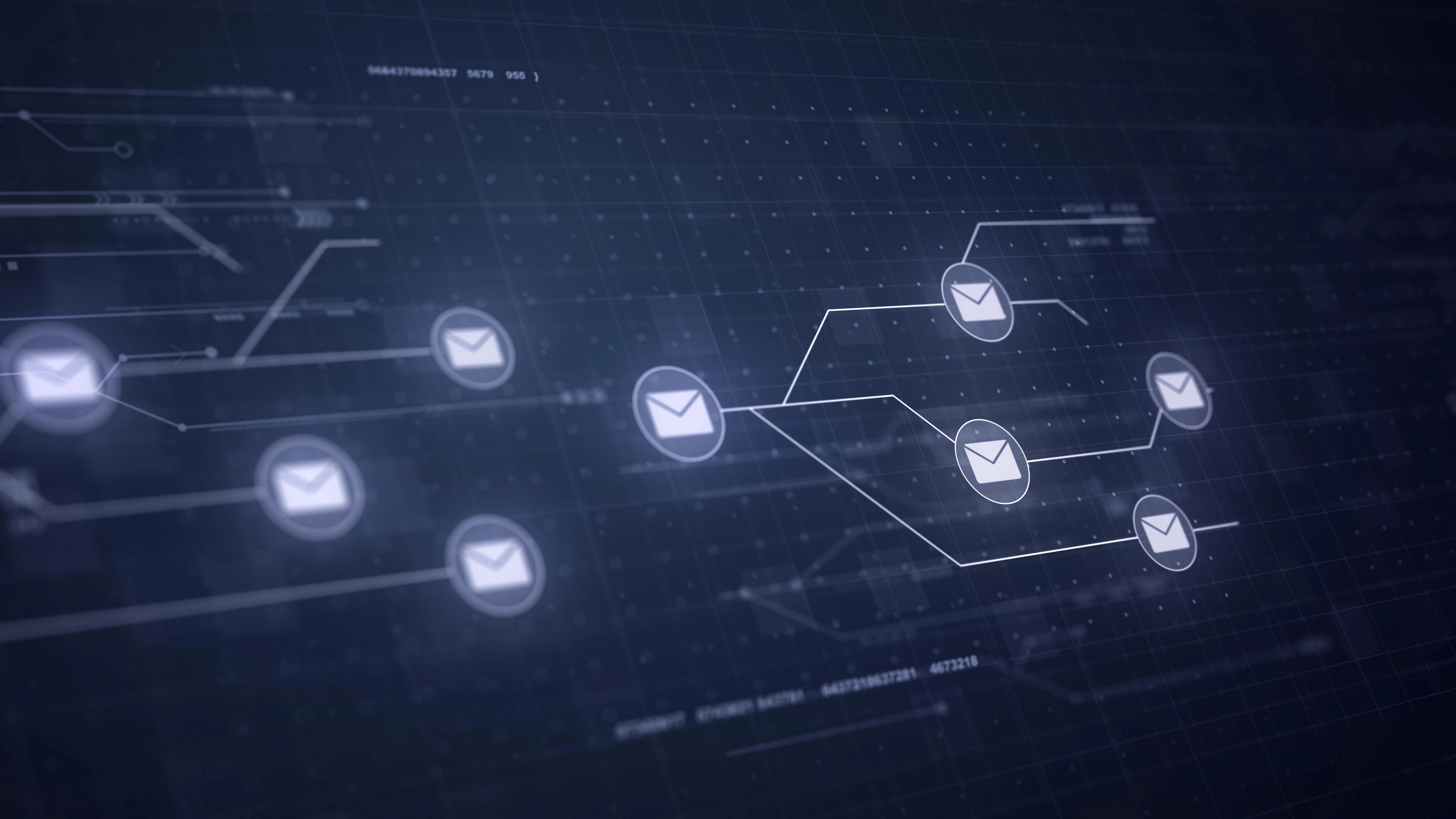 tal illustration of email communication network with multiple envelope icons connected by lines on a dark technology background.